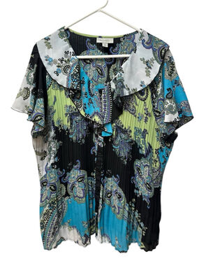 Dress Barn 2X Accordion Button Blouse Paisley Ruffle Collar Blue Black Summer